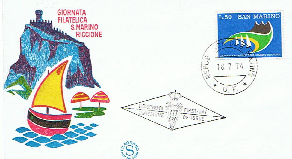 RSM 1974 - 920 - 26 Giornata filatelica - Veduta di San Marino e Riccione stilizzata . 50