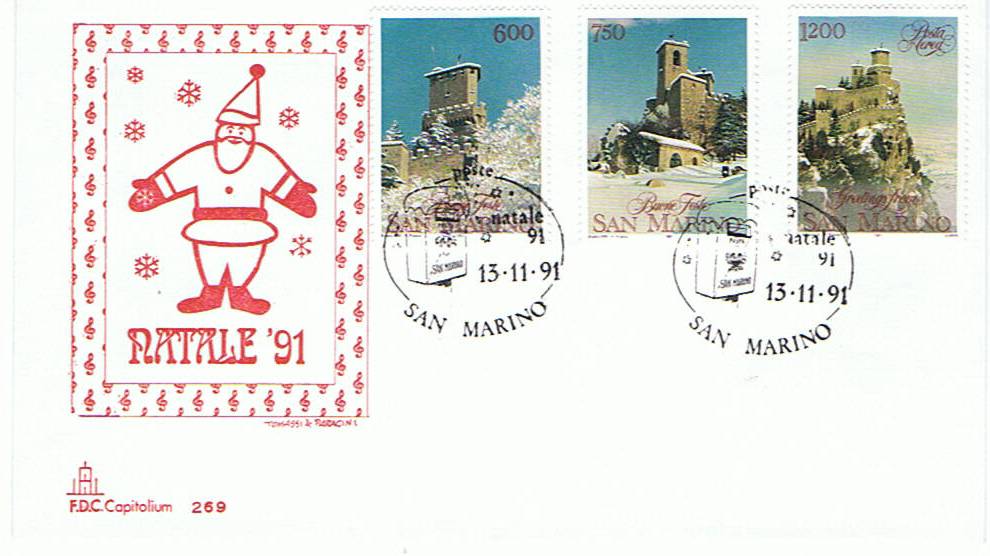 RSM 1991 - 1332 + A158 Posta Aerea S285 Serie cpl. 3 val. - Natale - Rocca di San Marino ; Monte e Rocca