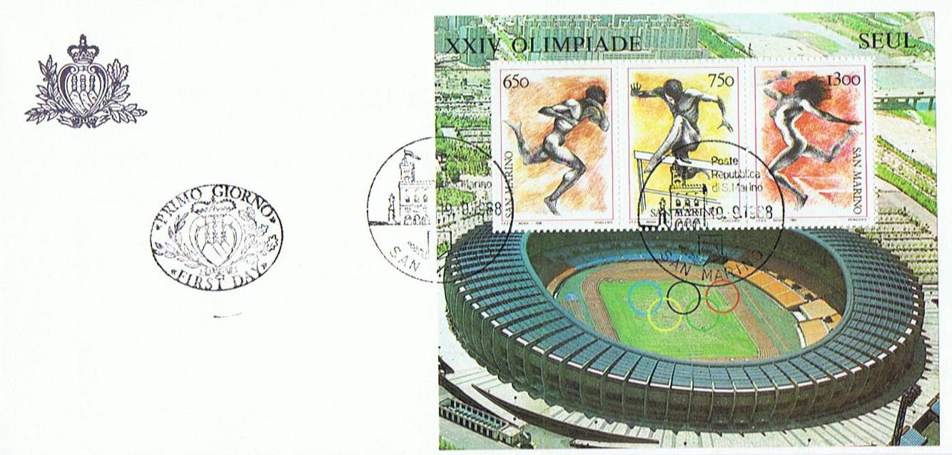 RSM 1988 - 1236 S257 Serie cpl. 3 val. BF42 Blocco Foglietto - Olimpiadi di Seul - Stadio