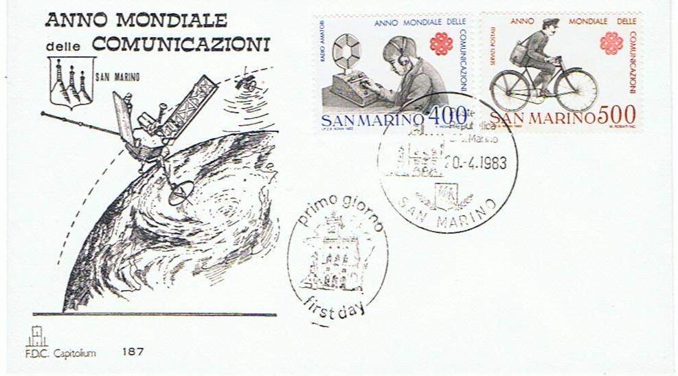 RSM 1983 - 1121 S224 Serie cpl. 2 val. - Anno mondiale delle comunicazioni - Radioamatore , Postino in bicicletta