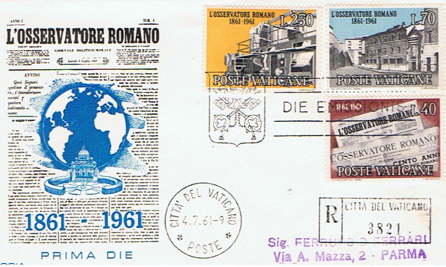 SCV 1961 - 310 S82 Serie completa 3 val. - Centenario dell osservatore romano