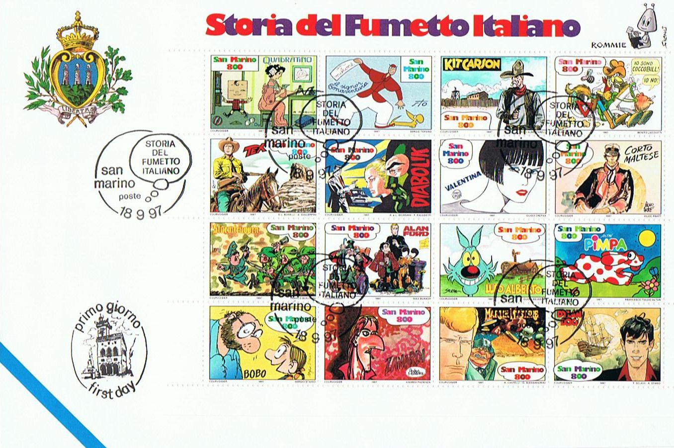 RSM 1997 - 1575 S336 Serie cpl. 16 val. BF56 Blocco Foglietto - Storia del fumetto italiano - Personaggi dei fumetti italiani