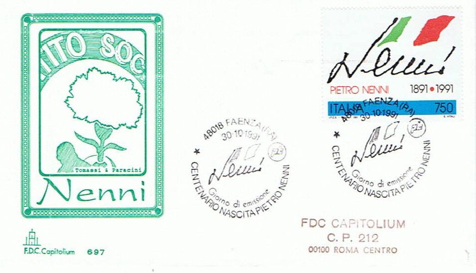 IT2002 - 30/10/1991 - 1v - Centenario della nascita di Pietro Nenni - Firma di Pietro Nenni e bandiera italiana 750 .