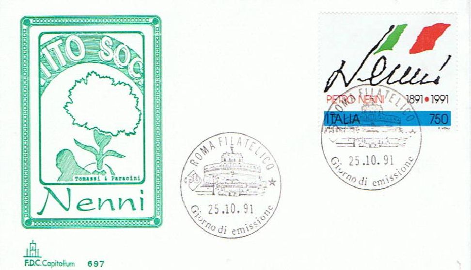 IT2002 - 30/10/1991 - 1v - Centenario della nascita di Pietro Nenni - Firma di Pietro Nenni e bandiera italiana 750 .