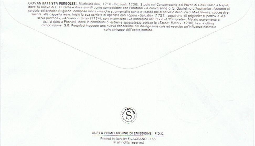 IT1766 - 15/03/1986 - 1v - 250 anniversario della morte di Giovan Battista Pergolesi 