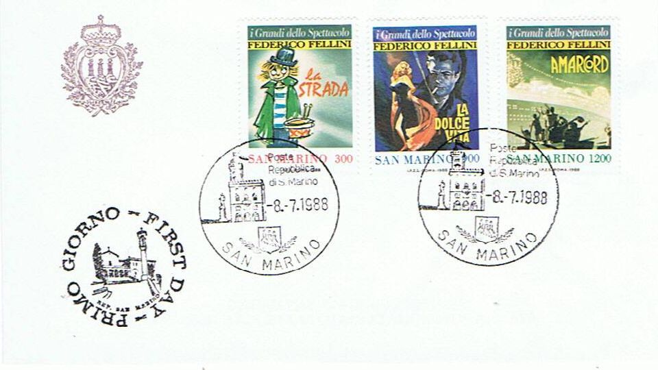 RSM 1988 - 1233 S256 Serie cpl. 3 val. - I grandi dello spettacolo - La strada , La dolce vita , Amarcord