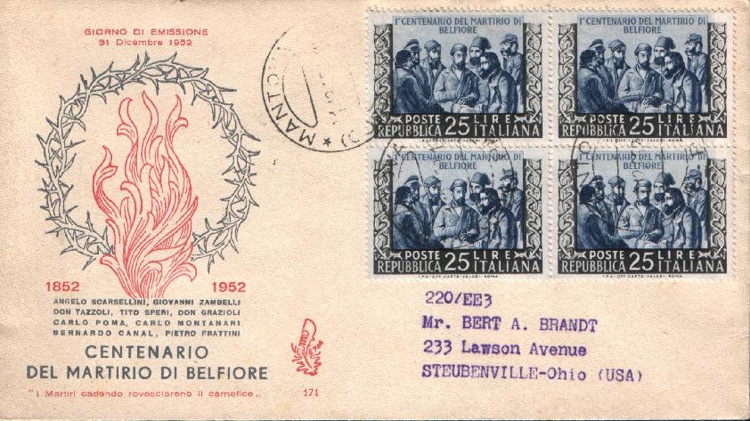 IT0705 - 31/12/1952 - 1v - Centenario del martirio di Belfiore - Patrioti italiani  25