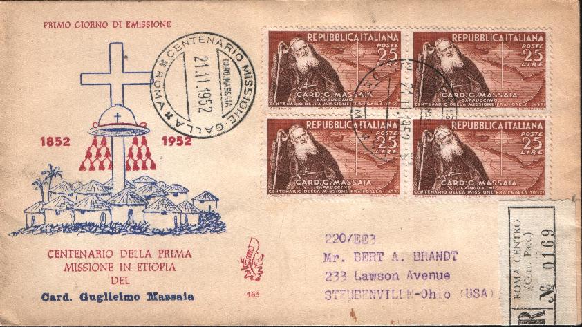 IT0702 - 21/11/1952 - 1v - Centenario della missione in Etiopia del cardinale Guglielmo Massaia  25