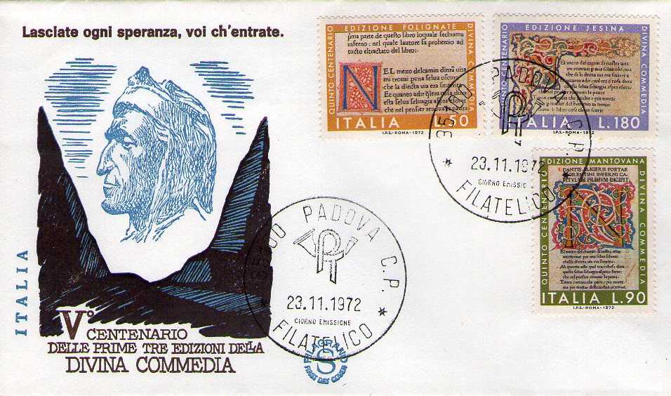 IT1186 - 23/11/1972 - 3v - 5 centenario delle prime tre edizioni della Divina Commedia