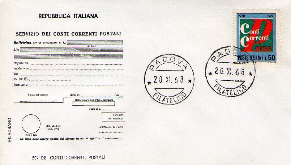 IT1103 - 20/11/1968 - 1v - 50 anniversario del servizio dei conti correnti postali  50