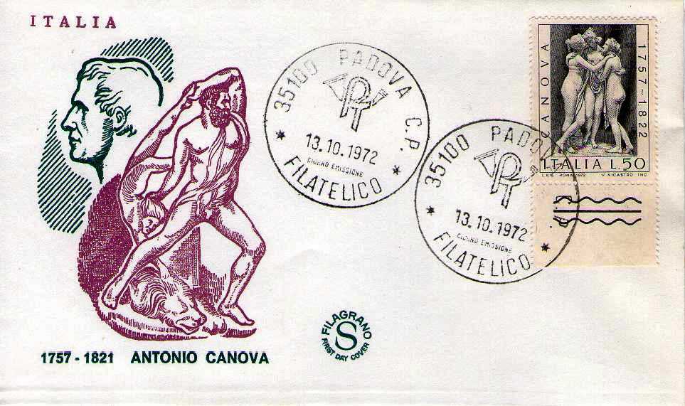 IT1185 - 13/10/1972 - 1v - 150 anniversario della morte di Antonio Canova - Le tre grazie 50 