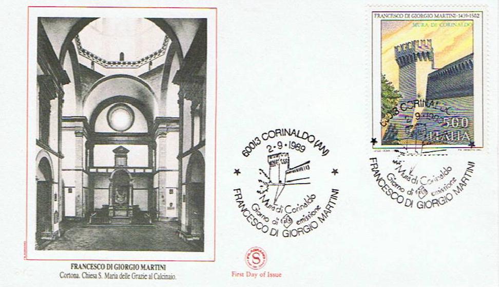 IT1896 - 02/09/1989 - 1v - Arte italiana 17 emiss.: 550 Anniversario della nascita di Francesco di Giorgio Martini - Mura di Corinaldo