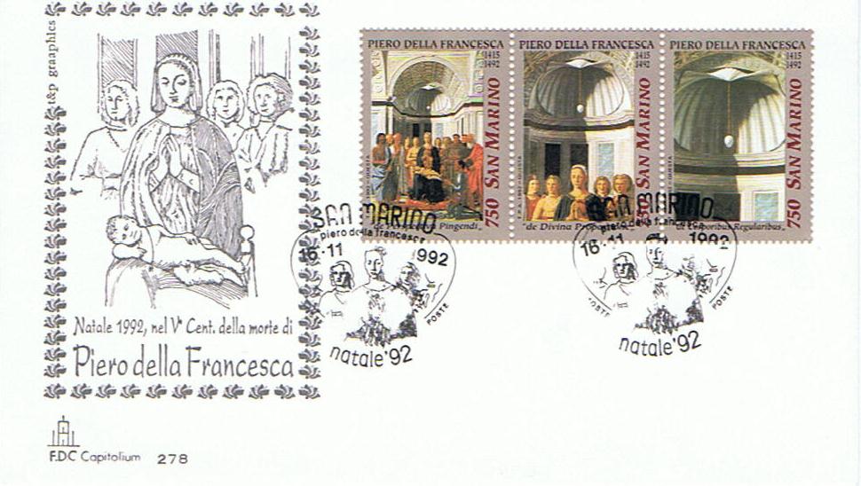 RSM 1992 - 1363 S295 Serie cpl. 3 val. - Natale - La Sacra Famiglia , dipinto di Pietro della Francesca