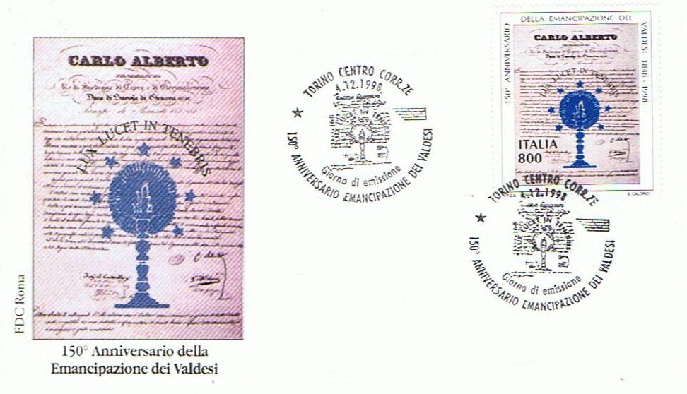 IT2428 - 04/12/1998 - 1v - 150 anniversario dell´emancipazione dei Valdesi - Testo delle lettere patenti 800 .