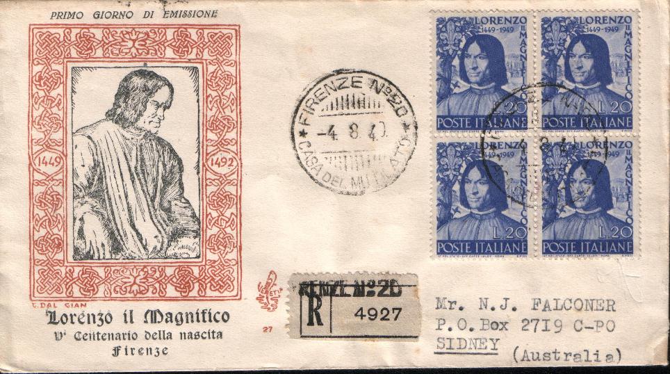 IT0609 - 04/08/1949 - 1v - 5 centenario della nascita di Lorenzo il Magnifico 20 .