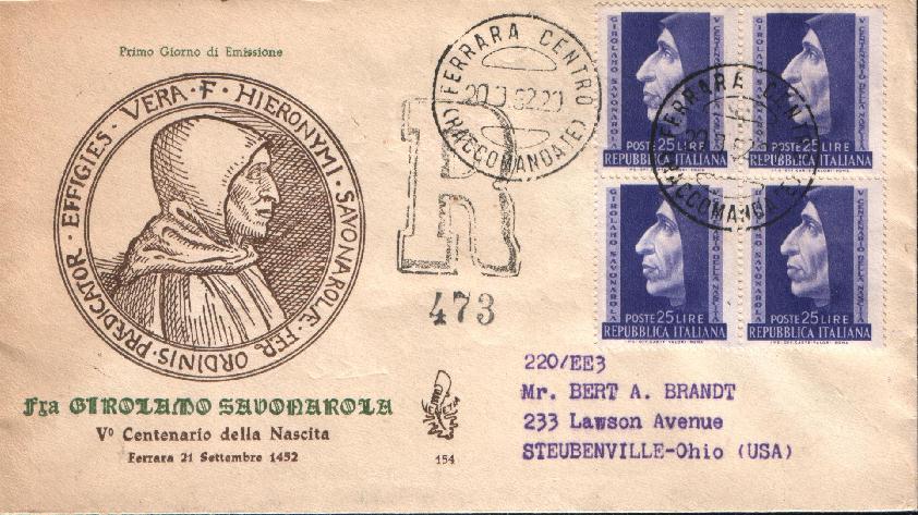 IT0696 - 20/09/1952 - 1v - 5 centenario della nascita di fra Girolamo Savonarola  25