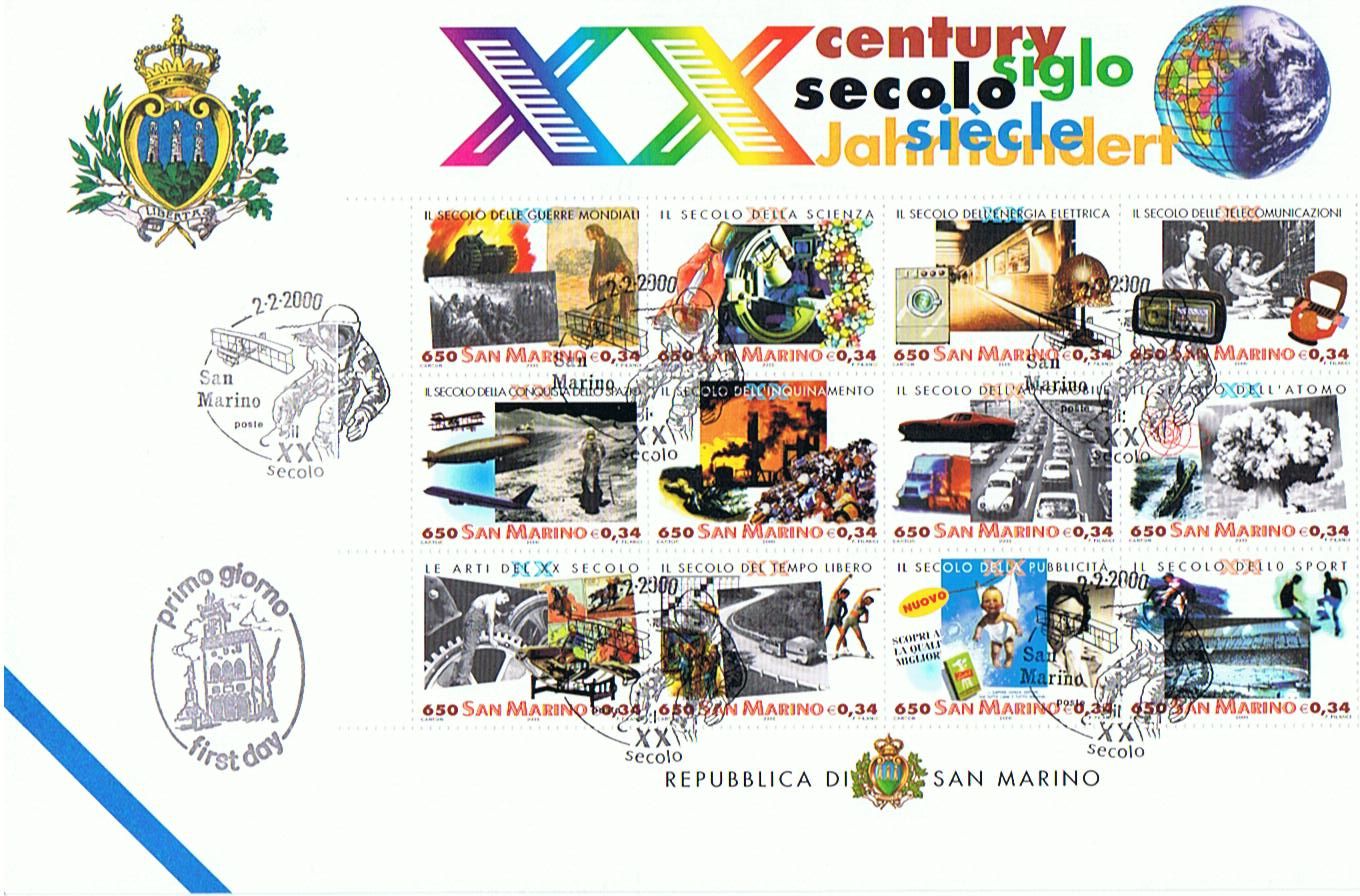 RSM 2000 - 1714 S362 Serie cpl. 12 val. BF65 Blocco Foglietto - XX Secolo - Globo e diciture