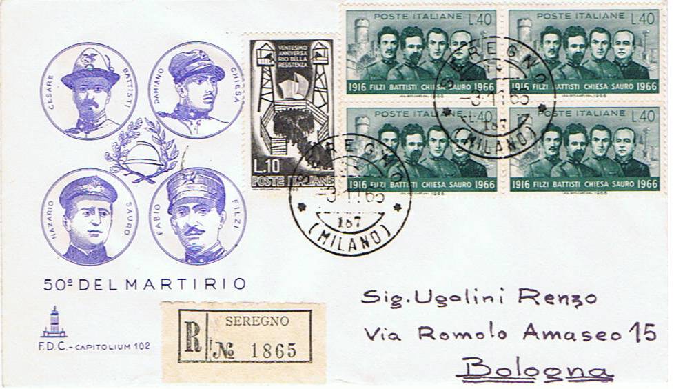 IT1032 - 03/11/1966 - 1v - 50 anniversario della morte di C. Battisti , D. Chiesa , F. Filzi e N. Sauro 40 